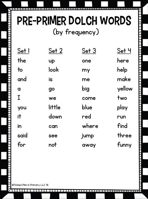 Pre Primer Sight Word List Printable
