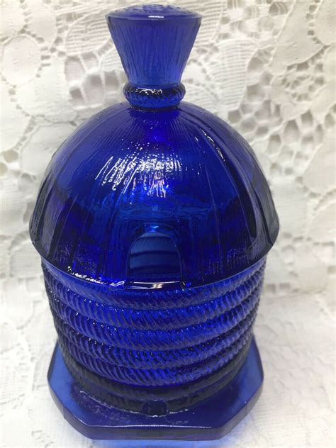 Blue Cobalt Vaseline Glass Serving Honey Pot Bee Hive Pattern Jar Uranium Dish Honey Pot