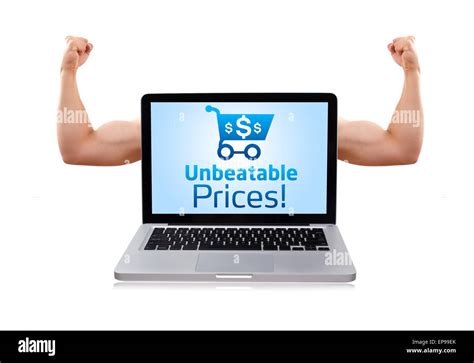 Laptop with unbeatable prices and shopping cart sign Stock Photo - Alamy