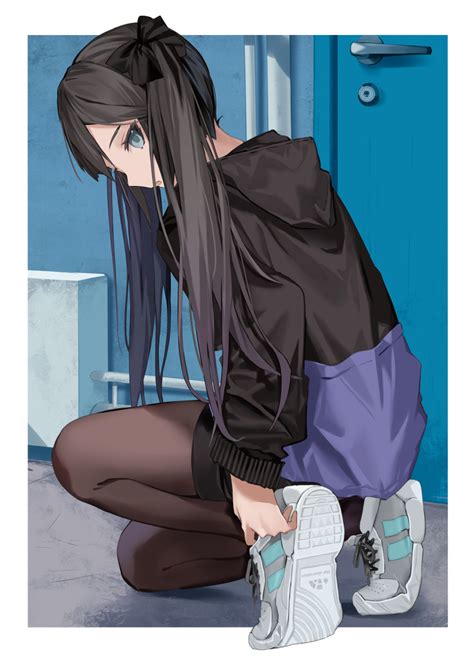 safebooru 1girl adjusting footwear black hair black hoodie black pantyhose border from side