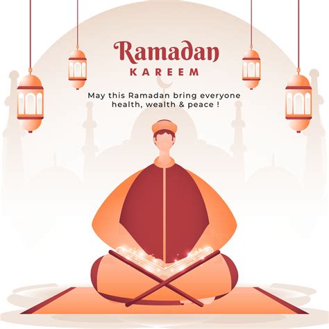 Ramadan Kareem Poster Design With Cartoon Muslim Man Reading A Quran