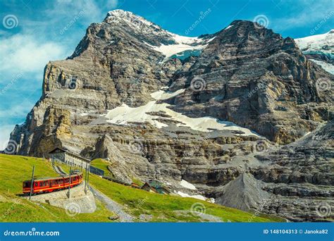 Electric Tourist Train With Famous Eiger Mountain Bernese Oberland