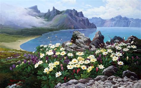 Landscape With Mountain Lake And Flowers Wallpapers