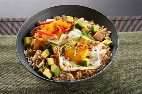 Chicken Adobo And California Avocado Fried Rice Topped With Pickled
