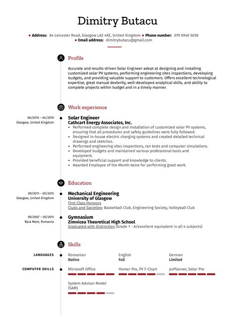 Creating a strong solar engineer resume is the first thing you need to do to grab the attention of hiring managers and recruiters while hunting for a solar engineer job. Solar Engineer Resume Sample | Kickresume