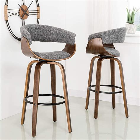 Contemporary Wooden Swivel Bar Stools With Backs And Arms Grey Upholstery Bentwood Walnut Metal