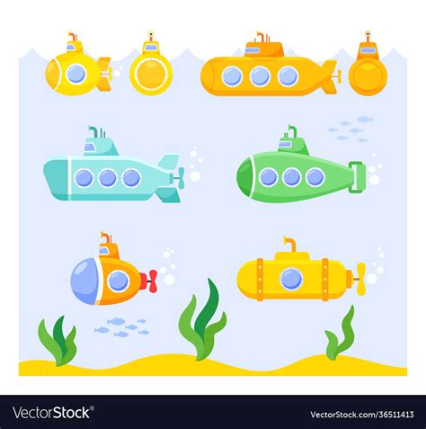 Set Cartoon Submarines On Underwater Seascape Vector Image