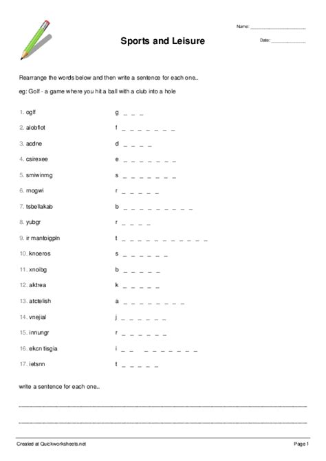 Sports And Leisure Word Scramble Worksheet Quickworksheets