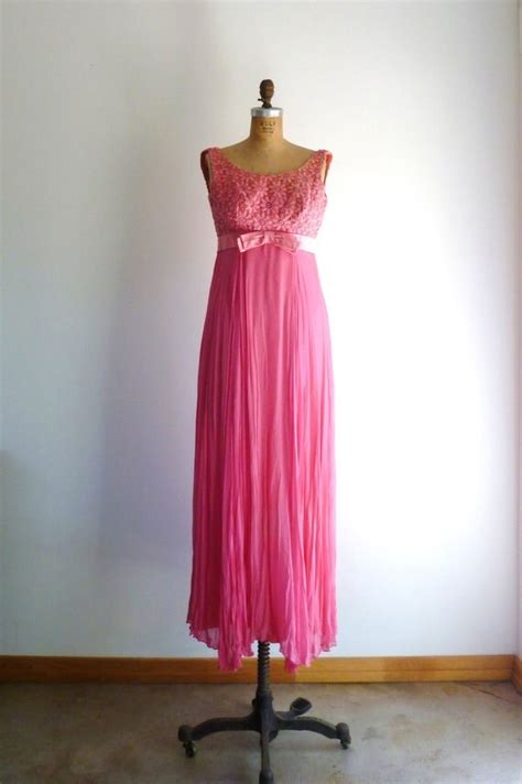 Vintage 60s Prom Dress Bright Pink Lace Chiffon Debutante Maxi