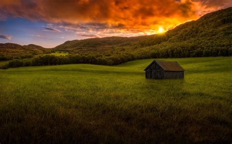 Landscape Nature Sunset Mountain Forest Grass Hut Clouds Colorful Sky