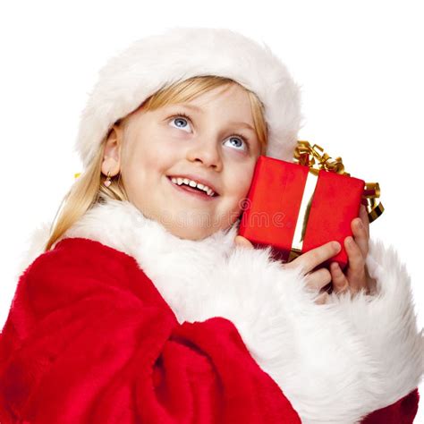 Happy Santa Claus Child Holds Christmas T Stock Image Image Of