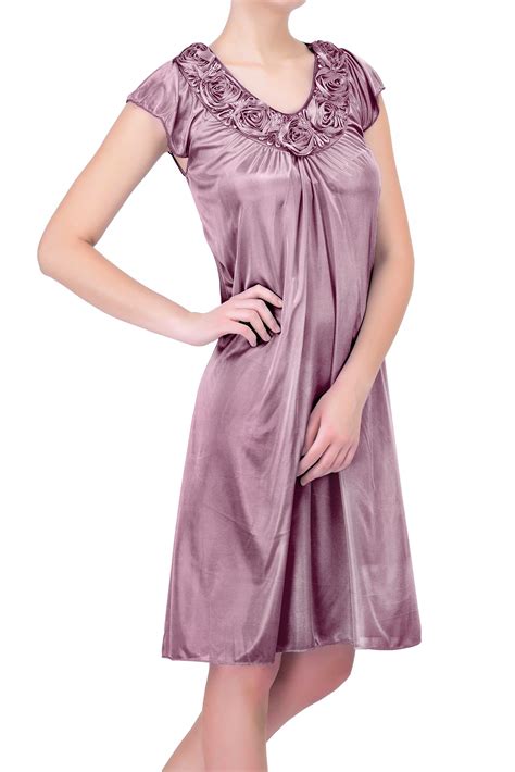 Ezi Ezi Womens Plus Satin Silk Roses Short Sleeve Knee Length Nightgown