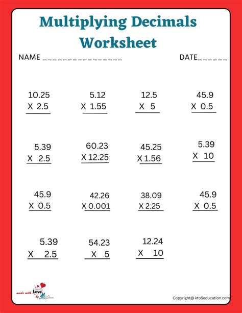 Multiplying Decimals By Whole Numbers Worksheet Free