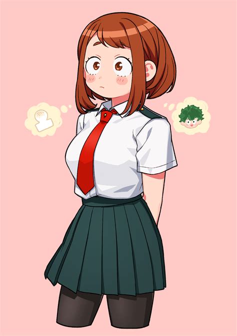 Midoriya Izuku Uraraka Ochako Boku No Hero Academia Highres 1girl Blush Brown Eyes Brown