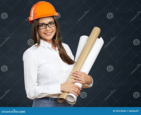 Young Business Woman Developer With Blueprint Stock Photo Image Of
