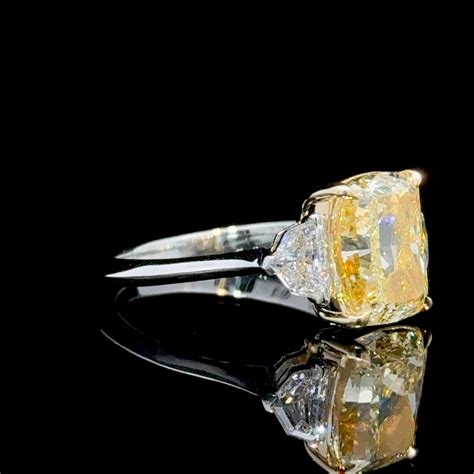Gia Certified 402 Cushion Cut Yellow Diamond Three Stone Ring For Sale
