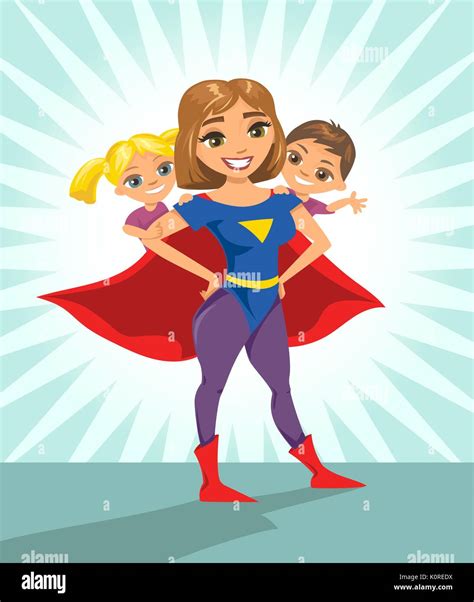 Super Héros Super Maman Happy Smiling Super Maman Avec Ses Enfants