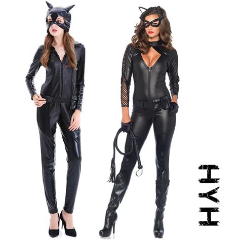 New Adult Costume Cat Woman Leather Jumpsuit Night Prowler Sexy Catwoman Catsuit Black Cat