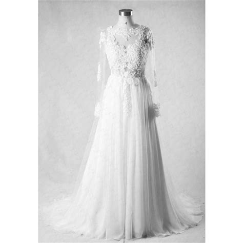 A Line Long Sleeve See Through Tulle Lace Beaded Wedding Dress