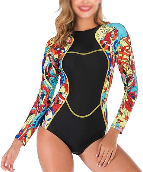 Womens Zip Back Printed Upf 50 Rashguard Long Sleeve Surfing Swimsuit