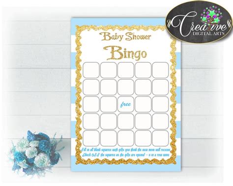 Blue White Baby Shower Bingo Blank Game Printable Stripes Etsy Baby
