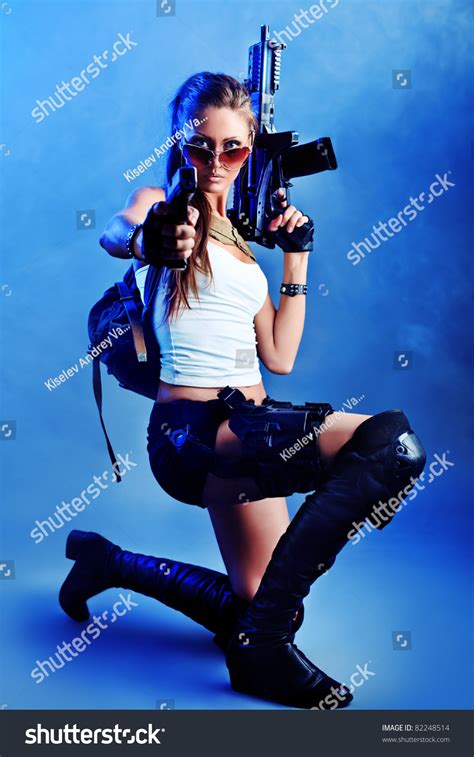 Shot Sexy Military Woman Posing Guns Stock Photo 82248514 Shutterstock
