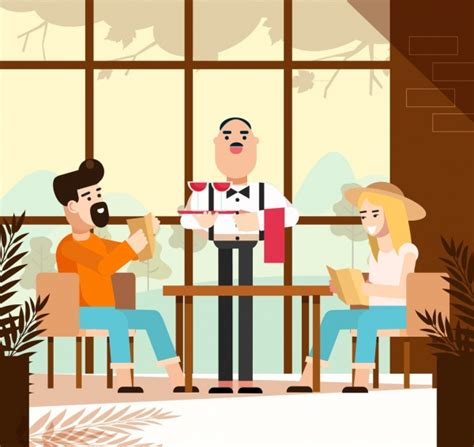 Restaurant Background Waiter Guest Icons Cartoon Characters-vector