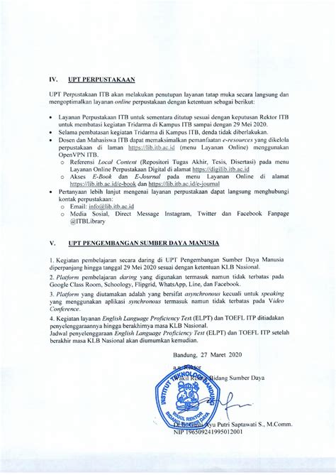 Surat Edaran Institut Teknologi Bandung Perpustakaan ITB