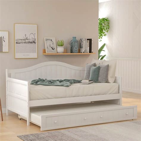 Twin Size Wooden Platform Daybed Frame With Trundle Bed White