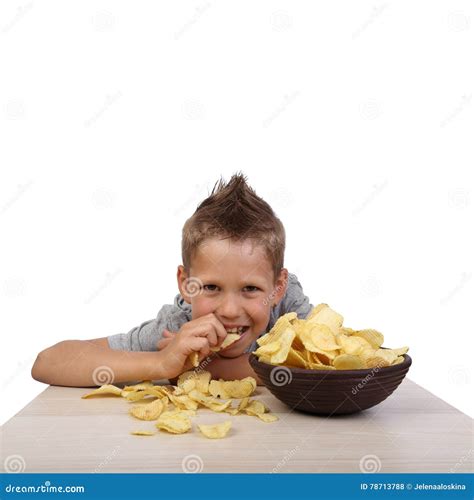 Boy Eats Chips Stock Photo Image Of Child Caucasian 78713788