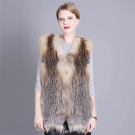 2018 New Women Warm Real Fox Fur Vest Knitting Long Vests Winter Fur