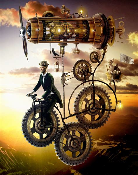 Men Steampunk Gears Metal Digital Art Flying Flag Portrait