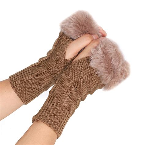 Women Winter Faux Fur Knit Indoor Half Hand Fingerless Gloves Thicken Mittenfingerless Gloves