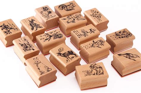 15pcs Wooden Rubber Stamps Animals And Plants Patterns