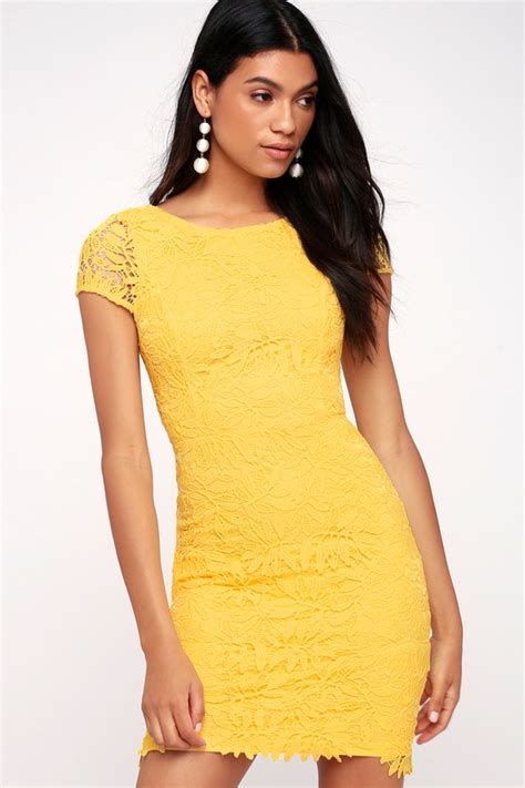 Lovely Yellow Dress Bodycon Dress Lace Dress Lulus