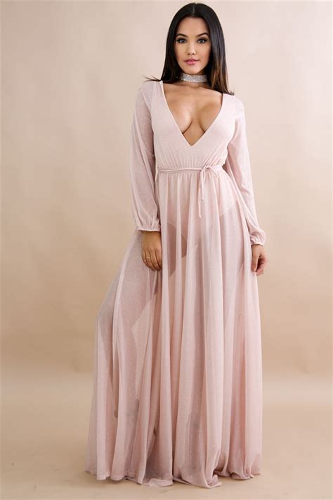 Pink V Neck Long Sleeve Chiffon Maxi Dress In 2020 Long Sleeve