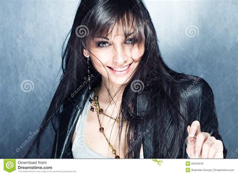 Smiling Long Black Hair Girl With Blue Eyes Stock Photo