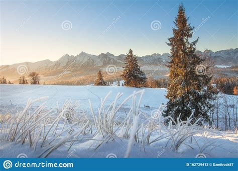 Winter Nature In Morning Sunrise Scenery View On Snowy Mountains And