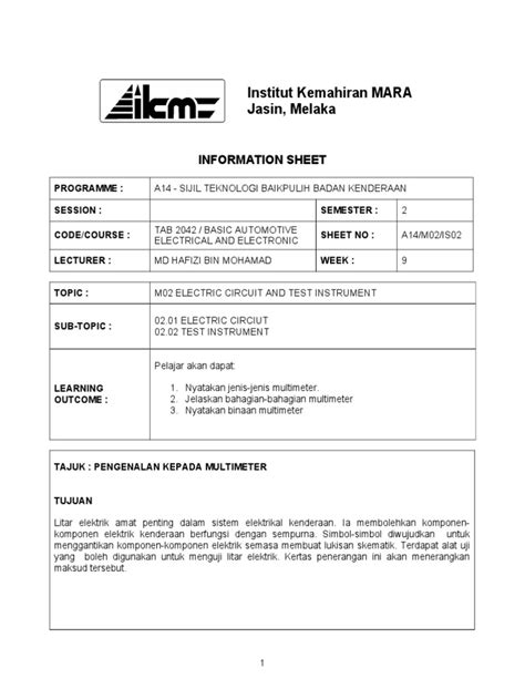 Senarai institut kemahiran mara (ikm) dan program yang ditawarkan. Institut Kemahiran MARA Jasin, Melaka: Information Sheet