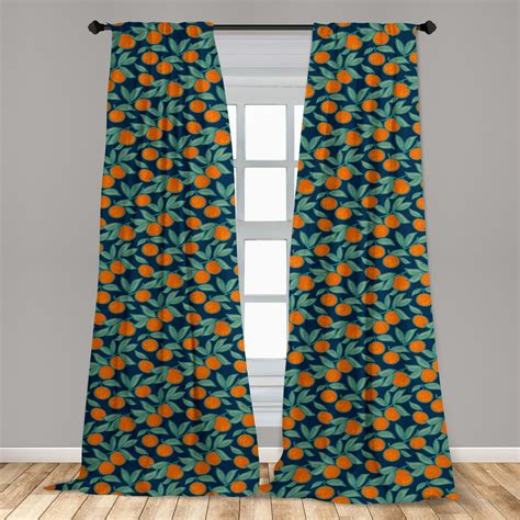 Orange Blue Curtains 2 Panels Set Citrus Branches And Leaves Window