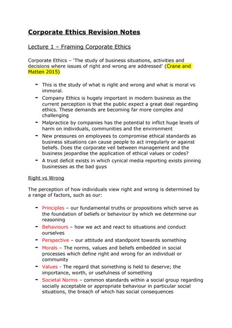 Corporate Ethics Revision Notes - Corporate Ethics Revision Notes