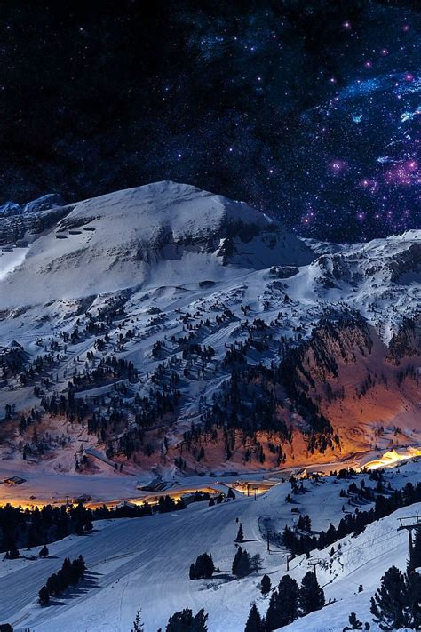 Mountain Night Sky Snow Blue Stars Nature 4k Wallpaper