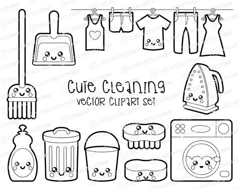 High Quality Vector Clipart Cute Cleaning Vector Clip Art Kawaii Spring Cleaning Clipart Set