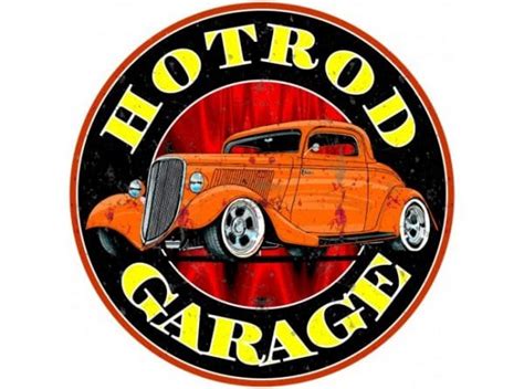 Hot Rod Garage Round Tin Metal Sign Nostalgia Highway