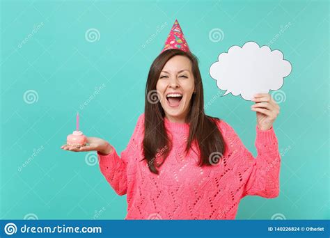 Happy birthday and enjoy a lot. Cheerful Woman In Birthday Hat Screaming, Hold Cake With ...