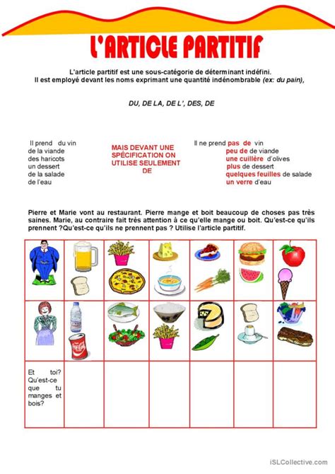 Nourriture Article Partitif Guide English Esl Worksheets Pdf And Doc