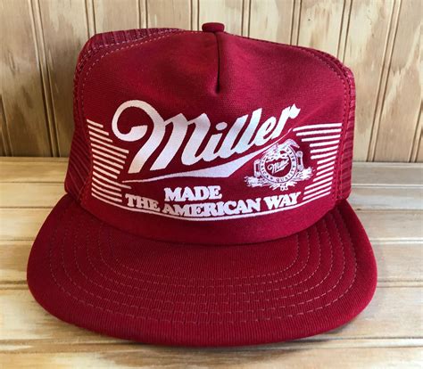 Vintage 80s Miller Beer Trucker Hat Made In Usa Mesh Back Snapback Red