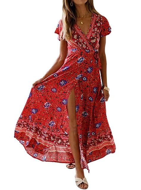 Exlura Womens Summer Boho Floral Printed V Neck Faux Wrap Short Sleeve