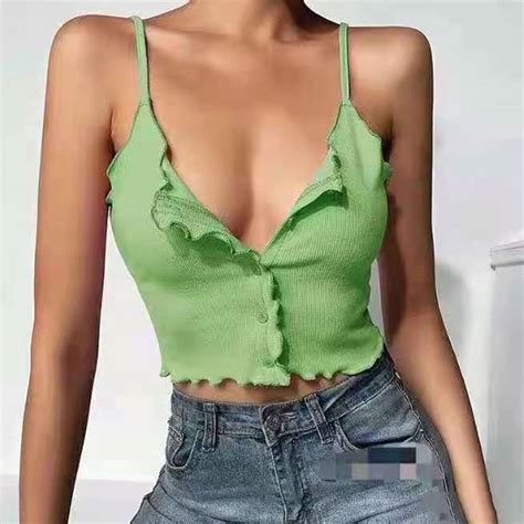 Sexy Green Spaghetti Straps Low Cut Button Camisole Elasticity Vest Ruffled Crop Top N21038