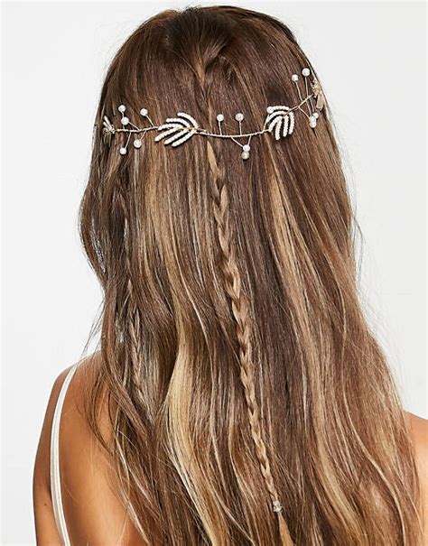 Asos Design Back Hair Crown With Crystal Leaf And Pearl Detail In Gold